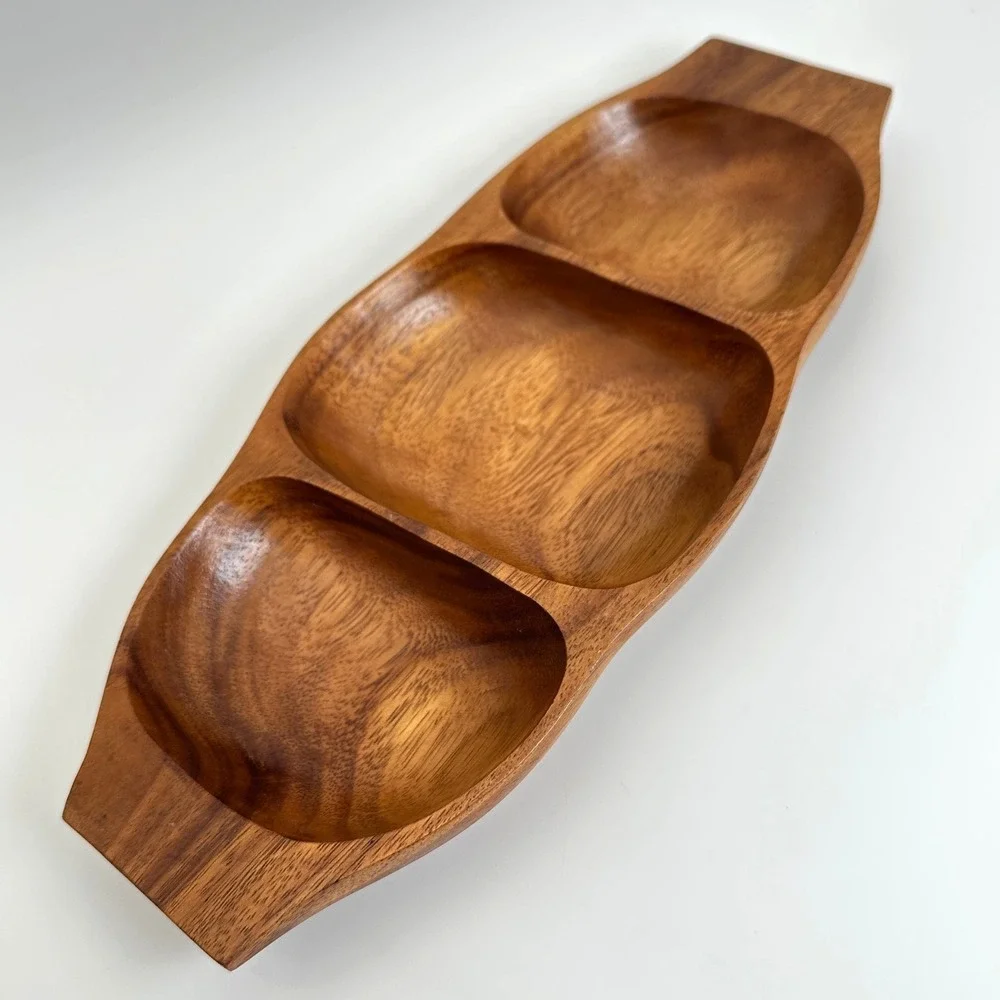 Vtg MCM Hand Carved Wood Divided Serving Tray Nuts Candy Relish Costal Boho Tiki